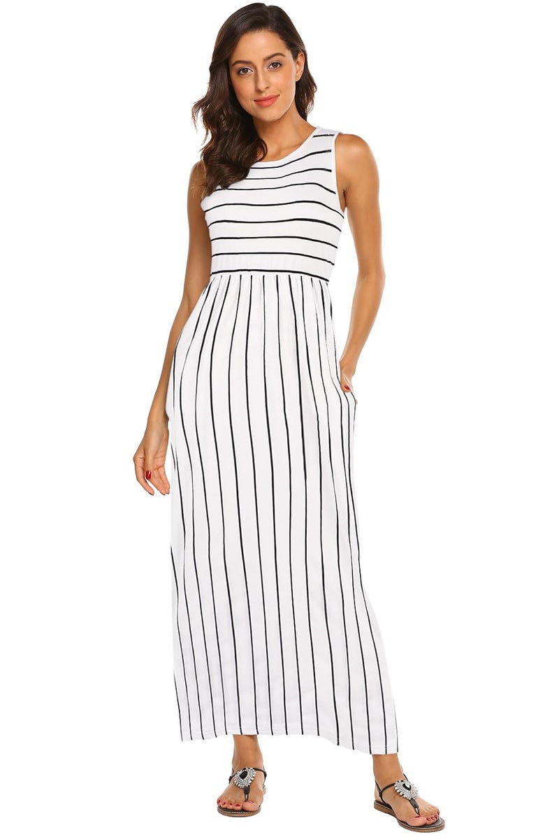 Hount Women's Pockets Swing Summer Sleeveless Striped Casual T-Shirt Dress (White, Large) - Image 2